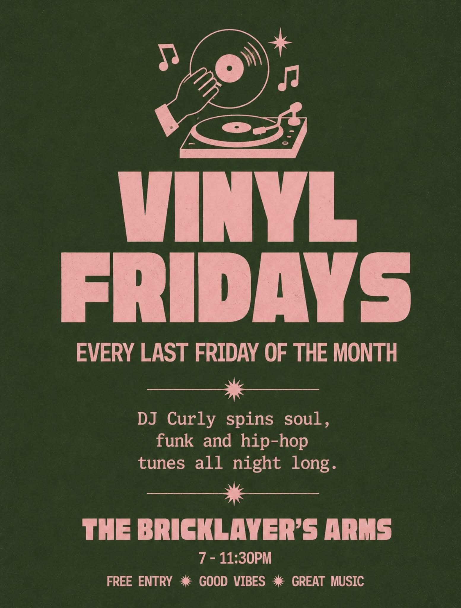 Vinyl Fridays flyer — DJ Curly at The Bricklayers Arms, Hersham, last Friday of every month
